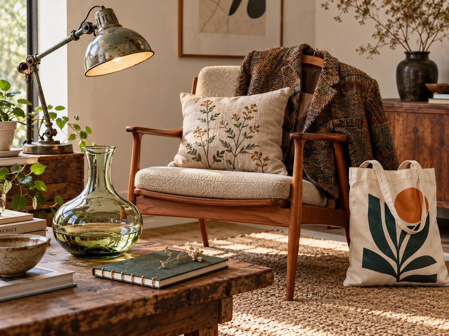 Un coin de salon avec un fauteuil scandinave, une veste en tweed, un coussin brodé, une lampe d'atelier et une carafe en verre